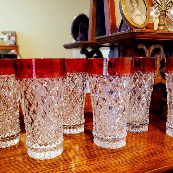 Crystal Other - Beautiful Set of Cranberry Rimmed Crystal Water Glasses